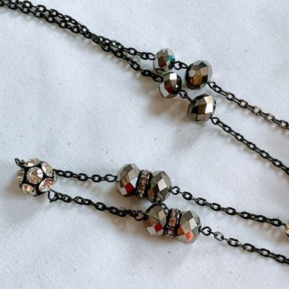 35” Black Chain Ab Black stones w Rhinestone Ball Faceted Beads Long Necklace - Picture 5 of 11